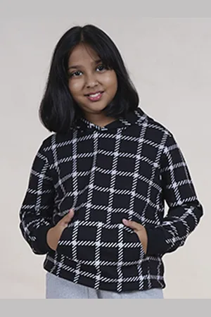 KiddoPanti Girls Checked Printed Hooded Pullover Sweatshirt