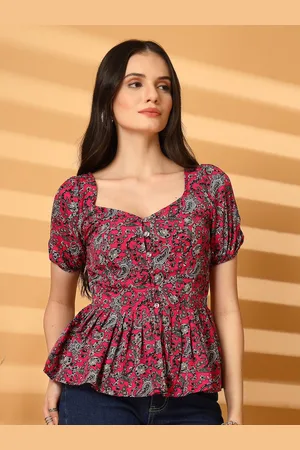Aayu Women Ethnic Motifs Printed Sweetheart Neck Puff Sleeve Crepe Peplum Top