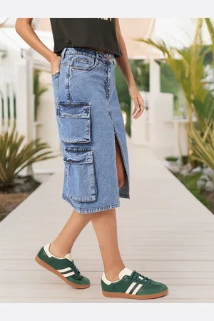 DressBerry Urban Edge Front Slit Cargo-Style Denim Midi Skirt