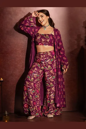 Ishin Floral Printed Shoulder Straps Top With Palazzo & Shrug