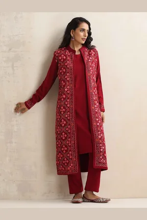 trueBrowns Floral Embroidered Pure Wool Straight Kurta with Trousers