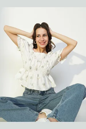 SHOWOFF Women Floral Printed Square Neck Smocking Short Puff Sleeve Peplum Top
