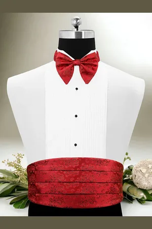 PELUCHE Red Solid Cummerbund Bow Tie & Pocket Square Set