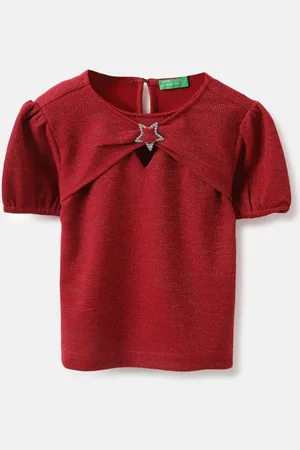 Benetton Girls Textured Puff Sleeves T-shirt With Buckle Detail