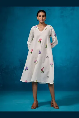 Dressfolk Women Floral Print Linen Fit & Flare Midi Dress