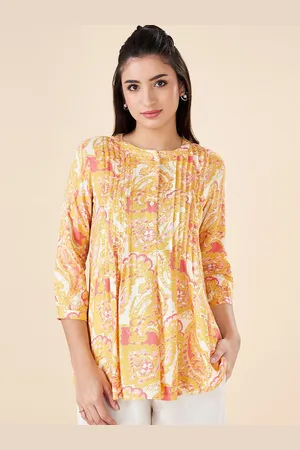 Pantaloons Women Cotton Mandarin Collar Three-Quarter Sleeves Printed Tunic
