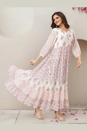 Ishin Women Floral Printed Cotton V-neck Fit & Flare Maxi Dress