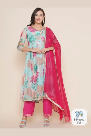 Bhama Couture Floral Printed Angrakha Anarkali Kurta & Trousers With Dupatta