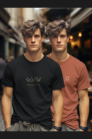 bullmer Men Pack Of 2 Typography Printed Round Neck Cotton T-shirts