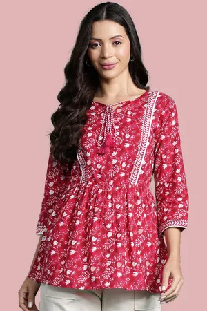 Deewa Women PrintedTie-Up Neck Ethnic Cotton Cinched Waist Longline Top