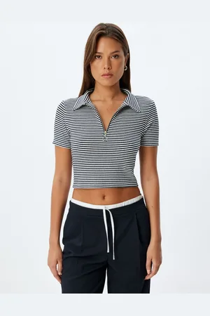 Koton Women Striped Polo Collar Slim Fit T-shirt