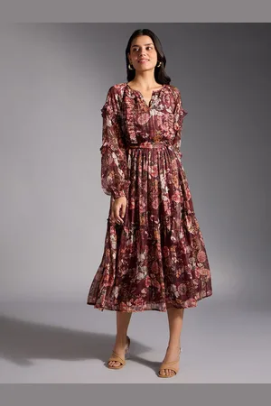 20Dresses Women Floral Printed Ruffled A-Line Midi Dress Comes with a belt