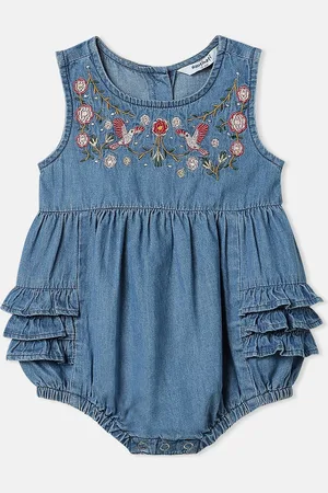 Nauti Nati Girl Floral Embroidered Denim Sleeveless Romper-Style Dress