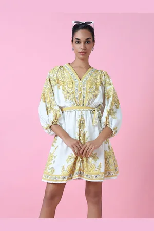 SHOWOFF Ethnic Motifs Print Puff Sleeve Chiffon Fit & Flare Mini Dress