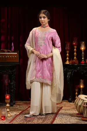 SCAKHI Ethnic Motifs Embroidered Gotta Patti Organza Straight Kurta With Sharara & Dupatta