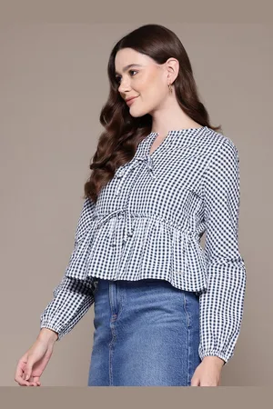 Nautica Checked Puff Sleeve Cotton Top