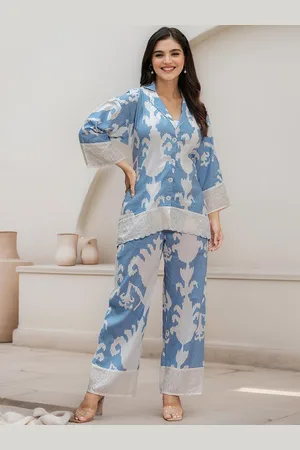 Ishin Blue Abstract Printed Lapel Collar Pure Cotton Top & Trousers