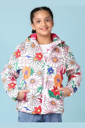 V-Mart Girls Hooded Floral Printed Cotton Casual Puffer Jacket