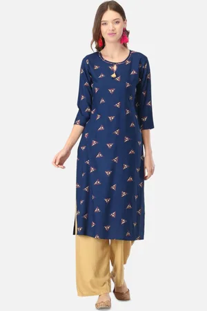 Biyu Women Geometric Printed Keyhole Neck Cotton Straight Kurta