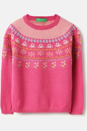 Benetton Girls Self Design Round Neck Pullover Sweaster