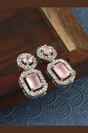 Jewar Mandi Silver-Plated Cubic Zirconia Studded Square Drop Earrings