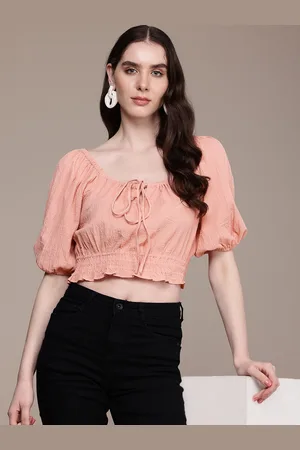 Nautica Tie-Up Neck Puff Sleeves Cinched Waist Seersucker Crop Top