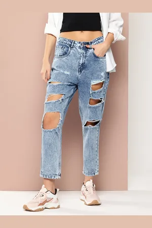 HARVARD Women Boyfriend Fit Highly Distressed Pure Cotton Light Fade Jeans