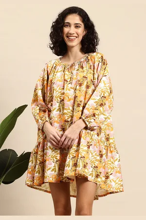 Mast & Harbour Floral Print Tie-Up Neck Drop-Waist Mini Dress