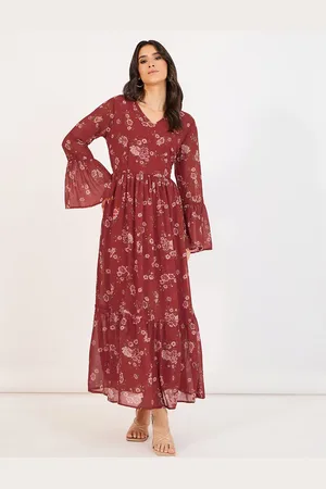 Styli Women Floral Printed V-Neck Bell Sleeves Fit and Flare Maxi Dress