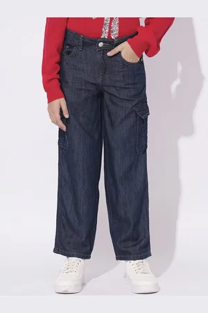 VERO MODA Girls Straight Fit High-Rise Cargo Styles Jeans