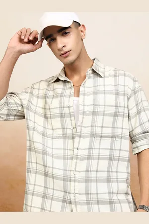 Highlander Men Off Dobby Textured Checked Utility Pocket Oversized Overshirt