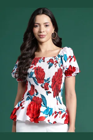 Deewa Women Floral Printed Smocking Fitted Top