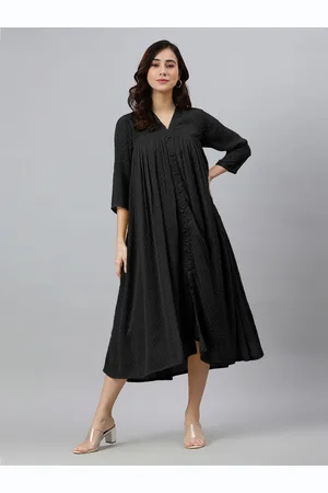 Janasya Women Black Dobby Chiffon Self Design Empire Dress