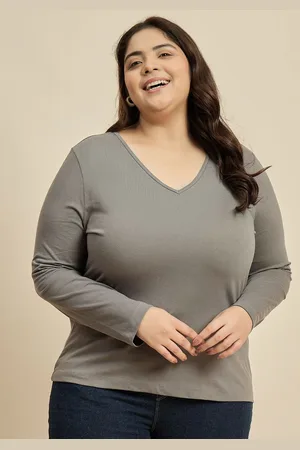CURVY STREET Women Solid V-Neck Cotton Plus Size T-shirt