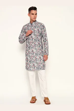 ZARI Floral Printed Thread Work Jacquard Weave Mandarin Collar Cotton Straight Kurta