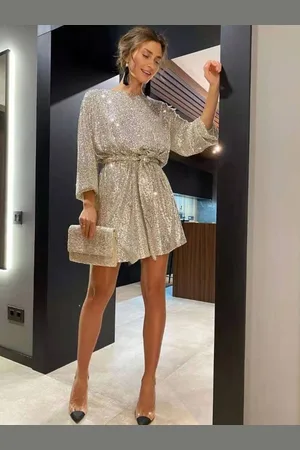 HERE&NOW Women Boat Neck Above Knee Long Sleeves Sheath Dress