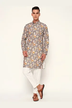 ZARI Floral Printed Thread Work Jacquard Weave Mandarin Collar Cotton Straight Kurta