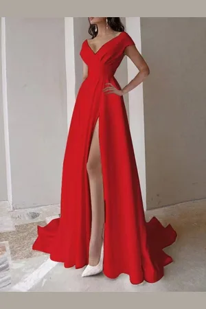 HERE&NOW Women V-Neck Side Slit A-Line Maxi Dress