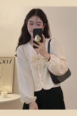 HERE&NOW Women Striped Puff Sleeve Shirt Style Top