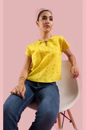 Deewa Women Self Design Schiffli Tie-Up Neck Pure Cotton Top
