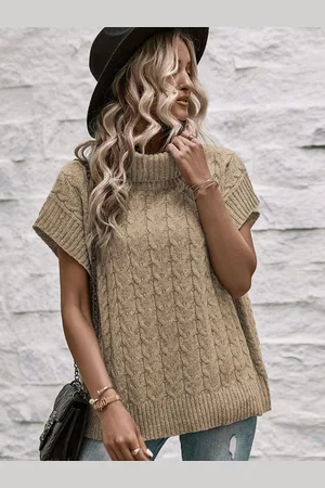 HERE&NOW Women Self Design Short Sleeves Turtle Neck Cable Knit Pullover