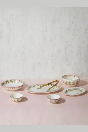 Fabindia White & Pink 7 Pieces Floral Printed Ceramic Matte Dinner Set