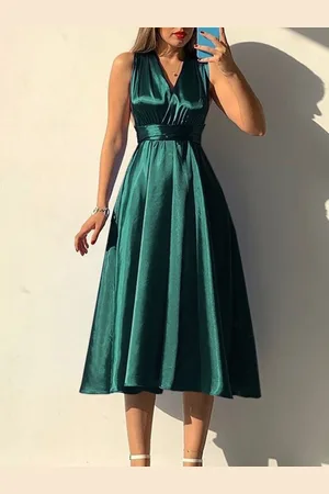 HERE&NOW Women V-Neck Midi Sleeveless A-Line Dress