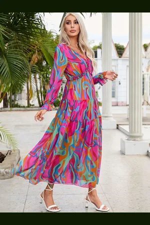 HERE&NOW Women Print V-Neck Maxi Long Sleeves A-Line Maxi Dress