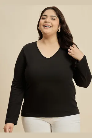 CURVY STREET Women Solid V-Neck Cotton Plus Size T-shirt