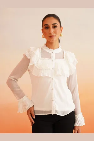 BEATNIK Mandarin Collar Flared Sleeve Cotton Chiffon Shirt Style Top