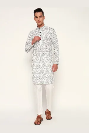 ZARI Floral Printed Thread Work Jacquard Weave Mandarin Collar Cotton Straight Kurta