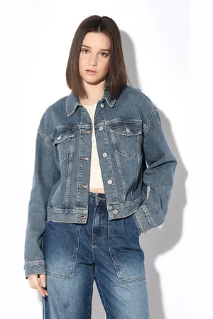 ONLY Women Spread Collar Washed Self Design Cotton Casual Denim Jacket