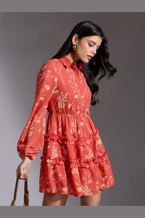 20Dresses Women Floral Print Shirt Collar Puff Sleeve Fit & Flare Dress