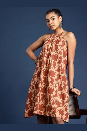 Taavi Floral Printed Halter Neck Pure Cotton Bagru A-Line Ethnic Dress